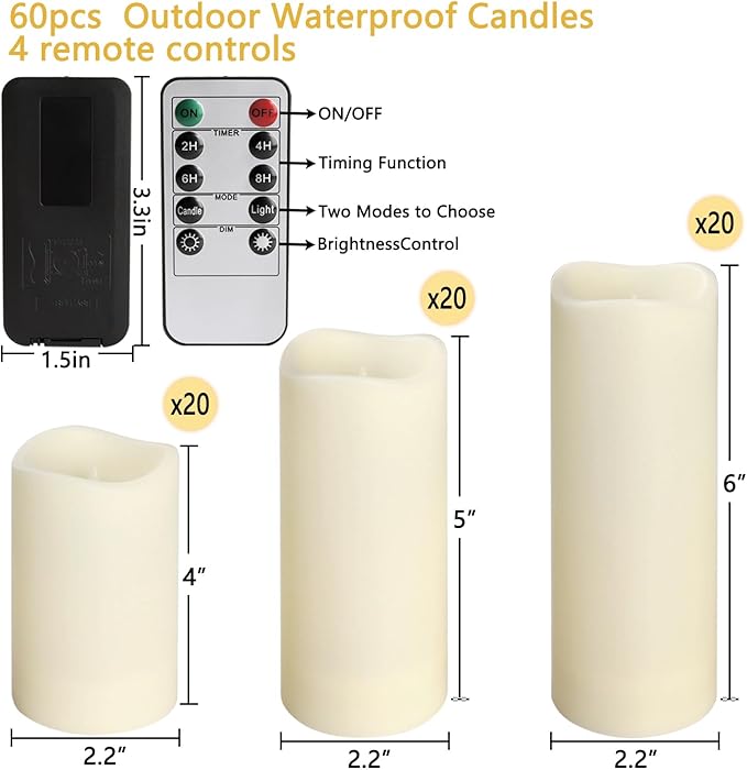 60-Pack LED Flameless Candles with Remote Control - Perfect for Parties, and Special Occasions (Three Sizes)