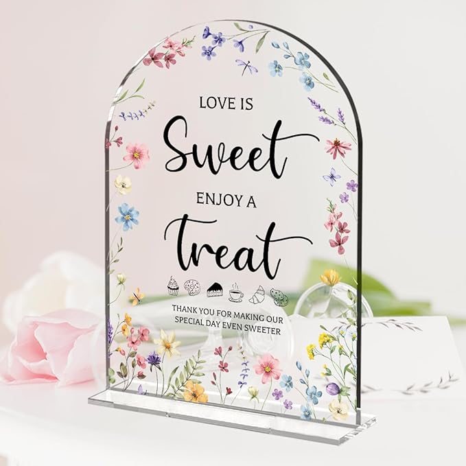 Wedding Signs Decor, Love is Sweet Sign for Dessert Table, Wedding Supplies 5x7 Inch, Wedding Signs for Ceremony And Reception, Arch Acrylic Table Sign for Anniversary, Bridal Shower Decor (Flower)
