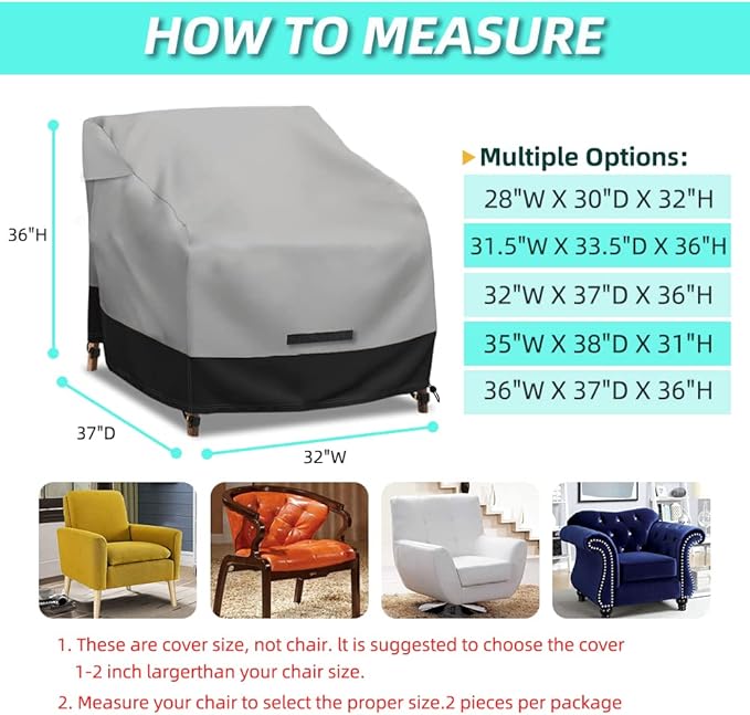 Patio Swivel Chair Cover Waterproof 2 Pack, 600D Heavy Duty Outdoor Furniture Covers for Universal Lawn/Deck/Garden/Backyard Fits up 32" W*37" D*36" H, Gray/Black