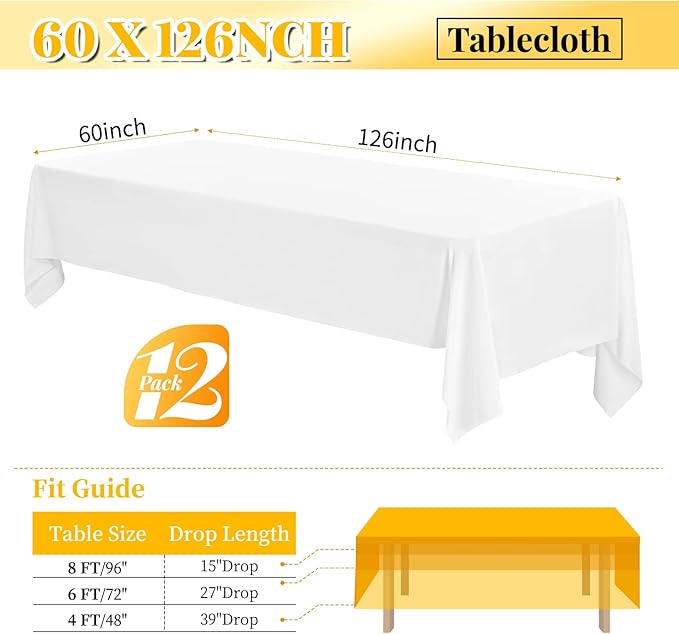 12 Pack 60 x 126 Inch Tablecloth Rectangle, White Rectangle Tablecloth Polyester Tablecloth for 8 Ft Rectangle Tables, Washable Fabric Table Cover for Wedding Party Dining Buffet Parties or Camping