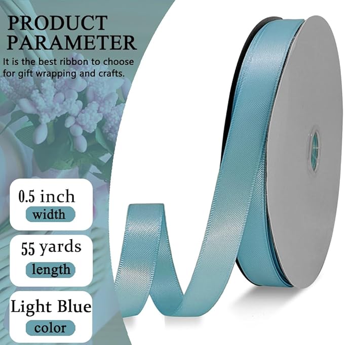 Light Blue Satin Ribbon Double Faced Satin 1/2 inch x 55 Yards Polyester Ribbon for Gift Wrapping Crafts Wedding Decoration Bows Ornaments Party Bouquet Floral Arrangement