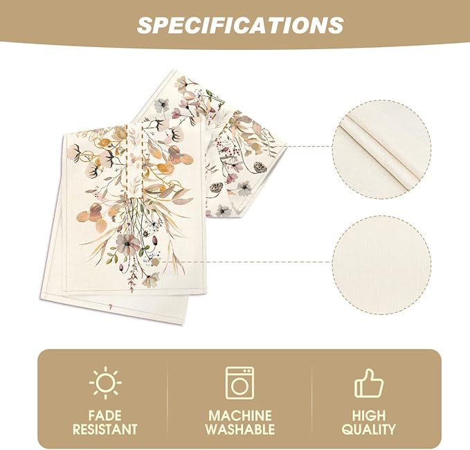 Artoid Mode Wildflower Leaves Floral Fall Table Runner, Autumn Thanksgiving Kitchen Dining Table Decoration for Indoor Outdoor Home Party 13x120 Inch