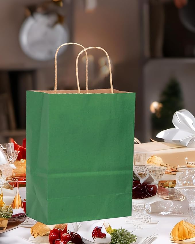 qiqee 50-Packs Kraft Deep Green Paper Gift Bags with Handles Bulk 13"x10.3"x4.6" Large Size Party Favor Bags Multiple Uses