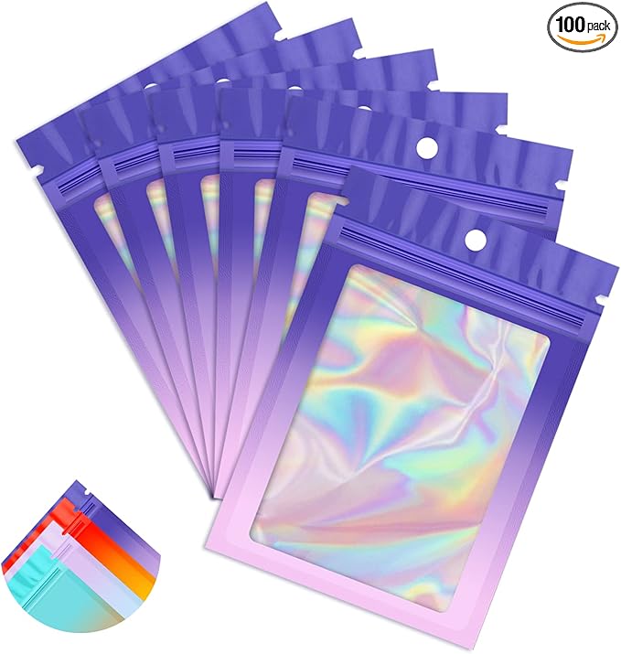 Funfery 100 Pack Mylar Holographic Bags,Clear Window Foil Bags Seal Pouch Resealable Bag with Zipper,Packaging Bag for Food Storage,Jewelry,Business Supplie(3.5×4.7in,Purple Pink)