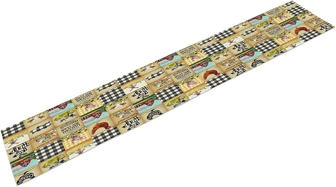 Farmhouse Animals Table Runner,Rustic Cabin Pig Chicken Cow Sunflowers Geometric Grids Burlap for Hotel Indoors Outdoor Dining Room Kitchen Holiday Party, 13x70in