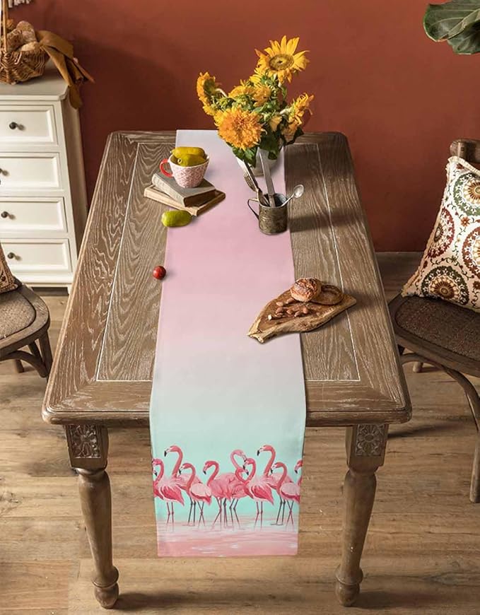 Tropical Flamingo Cotton Linen Table Runner for Dining Kitchen, Wedding Outdoor Party Tablerunners Decoration, Pink Bird Coastal Nautical Animal Dresser Scarf Coffee Tablecloth Runners 13x36 Inches