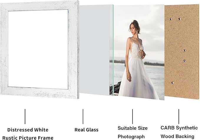 8x10 Picture Frame Set of 4, High Definition Glass Distressed White Frame, 8 x 10 Wood Photo Frames for Tabletop Display and Wall Mounting