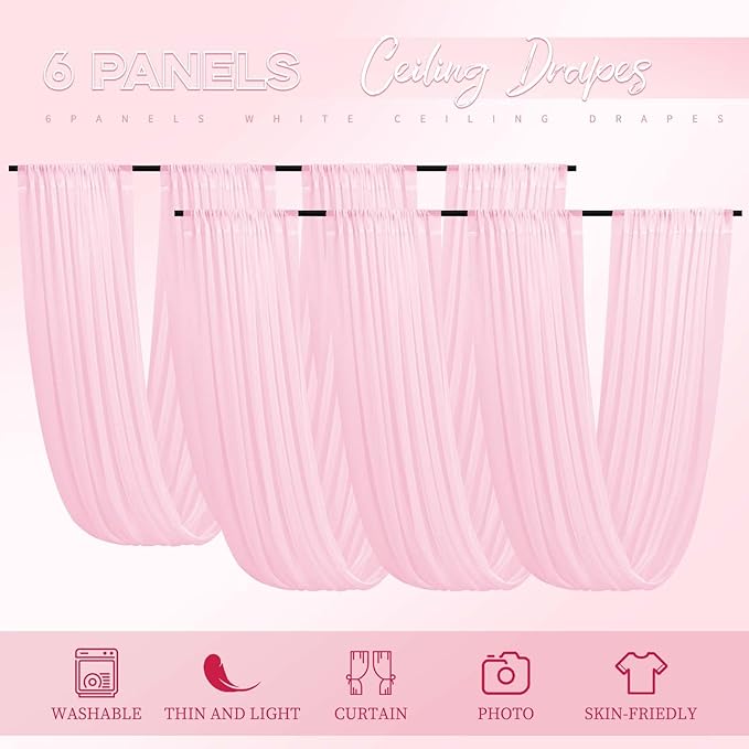 6 Panels Pink Ceiling Drapes for Wedding 5ftx10ft Ceiling Drapes Wedding Arch Draping Fabric Cheesecloth Sheer Curtain Romantic Ceiling Decorations for Weddings Party Banquet Ceremony Stage