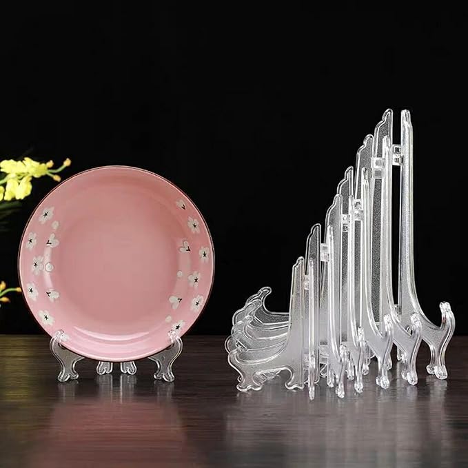 12 Pack 4 Inch Clear Plastic Easels or Stand/Plate Holders to Display Pictures or Other Items at Weddings, Plate Stands for Home Decoration, Birthdays, Tables
