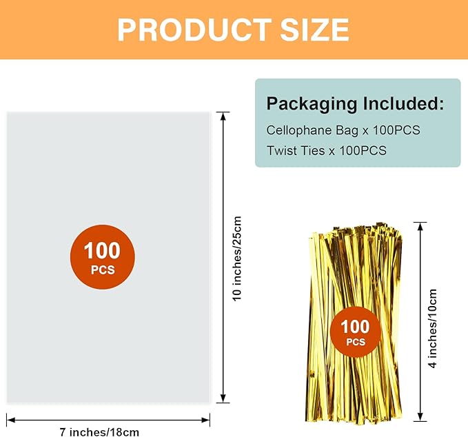 ZHEWTOEN 100 Pcs 7x10 Inch Clear Cellophane Bags with Color Twist Ties, Plastic Goodie Cello Treat Bags for Candy, Cookies, Popcorn, Small Gift Wrapping, Party Favors, Bakery Packaging