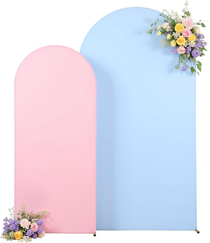7.2FT 6FT Arch Backdrop Cover for Wedding, Set of 2 Stretchy Spandex Fitted Arch Stand Cover for Baby Shower, Birthday Party Decor, Chiara Backdrop Cover with Double-Sided Design(Pink, Blue)