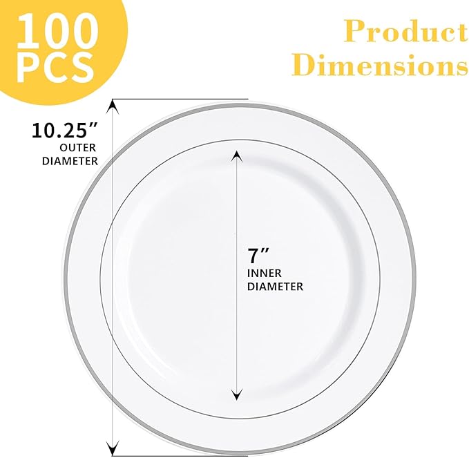 N9R 100PCS Silver Plastic Plates, 10.25 inch White Disposable Dinner Plate with Silver Rim, Heavy Duty Plates for Party, Wedding and Birthday