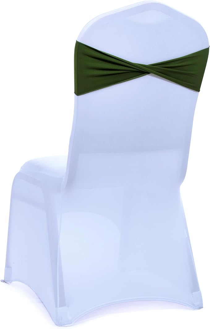 MDS Pack of 75 Spandex Chair Sashes Bows Elastic Stretch Dining Chair Bands Ties Without Slider Buckle Universal fits for Wedding Baby Shower Birthday Party Banquet Event Decoration - Olive Green