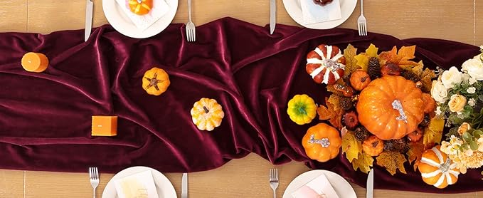 Burgundy Velvet Table Runner Fall Thanksgiving Red Table Runner 20 x 120 Inch Luxurious Elegant Velvet Fabric Friendsgiving Table Decorations for Christmas Dinner Wedding Bridal Baby Shower