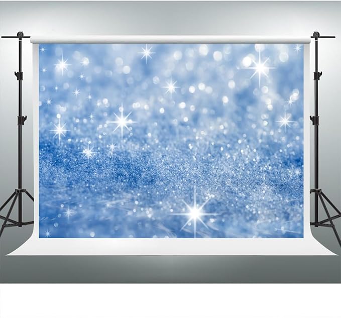 YongFoto Silver Blue Glitter Backdrop 20x10ft Silver Light Spots Blue Sequin Bokeh Photography Background Birthday Bridal Shower Wedding Photography Background Party Banner Portraits Photoshoot Props