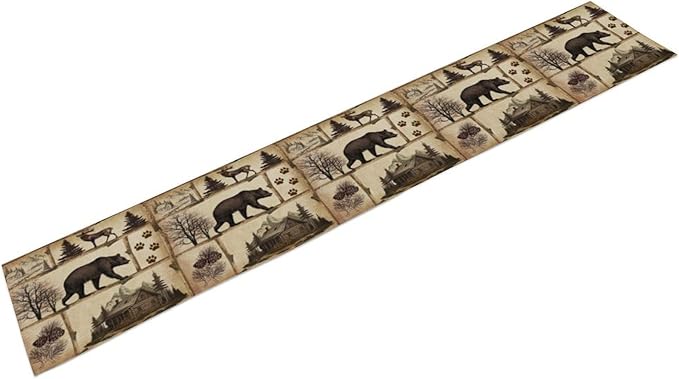 Rustic Cabin Table Runner, Retro Moose Cone Deer Bear Farmhouse Lodge Table Runner for Dinner Living Room Kitchen Vintage Country Cottage 13x90 Inch