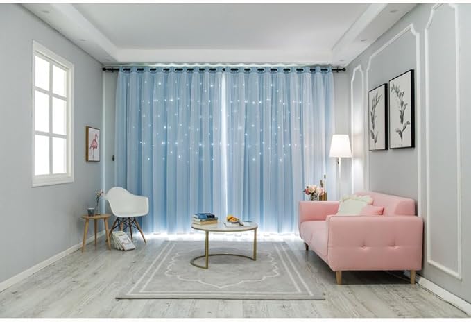 FANLI 2 Panels Star Blackout Curtains for Kid Girls Bedroom Living Room Darking Stripe Double Layer Star Cut Out Wall Home Decor Gradient Grommet Window Curtains (Blue 95L)