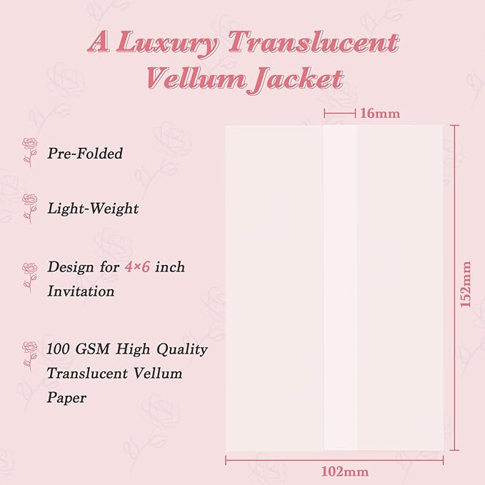 30 Pack Pre-Folded Vellum Jackets for 4x6 Invitations, Translucent Vellum Paper 4x6 Jackets, 100GSM Wedding Invitations Wraps, Envelope Liners for Birthdays, Baby Showers