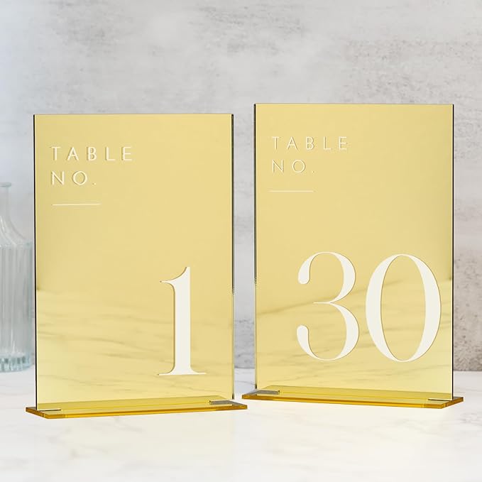 JINMURY Gold Wedding Table Numbers 1-30 with Stands, 5"x7" Gold Mirror Acrylic Table Numbers, Perfect for Wedding Reception, Party, Anniversary, Event