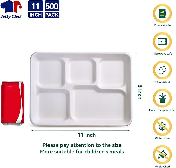 JOLLY CHEF Compostable 𝟱 Compartment Paper Plates 𝟭𝟭 * 𝟴 𝗶𝗻𝗰𝗵 [𝟱𝟬𝟬 𝗣𝗮𝗰𝗸] Heavy Duty White Divided Disposable Plate Eco-Friendly Biodegradable Container Food Trays for Party Lunch Buffet