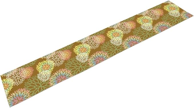 Brown Grey Dahlia Flower Table Runner, Linen Geometric Pattern Floral Table Decor Spring Farmhouse Decorations for Kitchen Dining Holiday Party Decor, 13x60 Inch