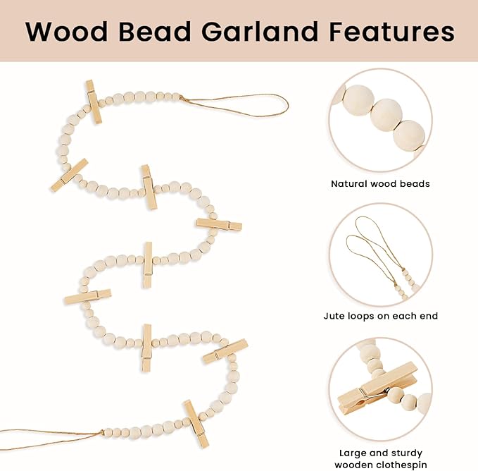 Hanging Photo Display Wall Decor, Boho Wooden Bead Garland Collage Picture Frame with 9 Wood Clips for Bedroom, Living Room, Office, Dorm Decor, Photos Holder Christmas Cards Teen Girl Gifts