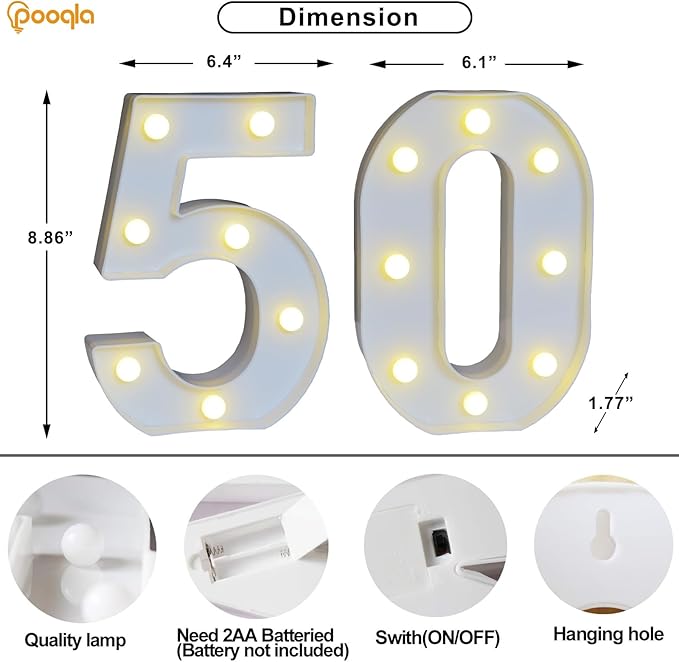 Pooqla 50th Birthday Decorations for Her Him, 35 Colors LED Light Up Numbers with Remote, Multicolor Marquee Numbers 50 Sign for Party Wedding Anniversary Decor 50th Birthday Gift, Number 50