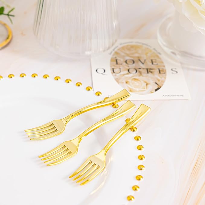 N9R 300PCS Gold Plastic Mini Forks, 4 Inches – Heavy Duty Disposable Cocktail, Dessert & Appetizer Forks, Elegant Party Serving Utensils for Tastings, Finger Foods, Weddings, Events