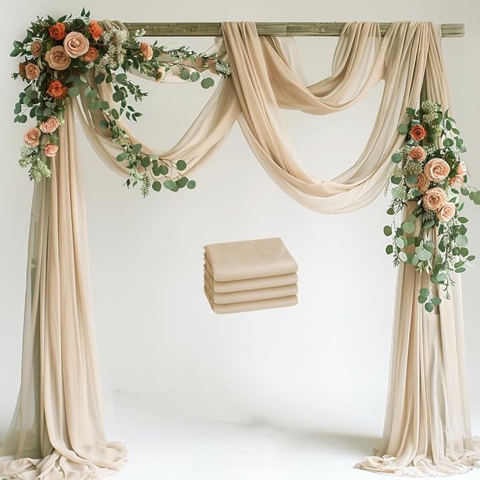 Wedding Arch Draping Fabric 4 Panels 28.7" x 20FT Champagne Sheer Chiffon Backdrop Drapes for Wedding Ceremony Birthday Party Bridal Shower Outdoor Decoration