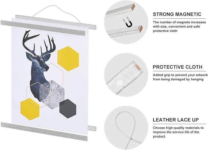 Magnetic Poster Hanger, 22x34 22x28 22x14 Poster Frame Wood Wooden Magnet Print Posters Dowel Scroll Hanger Hangers Hanging Kit for Walls Map Canvas Artwork (Grey, 22")