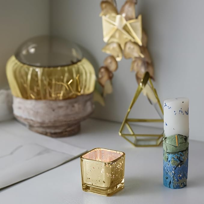 WGV 2 Inch Gold Speckle Square Cube Glass Votive Candle Holder, Small Tiny Mercury Tea Light 2x2”, 1 Pc