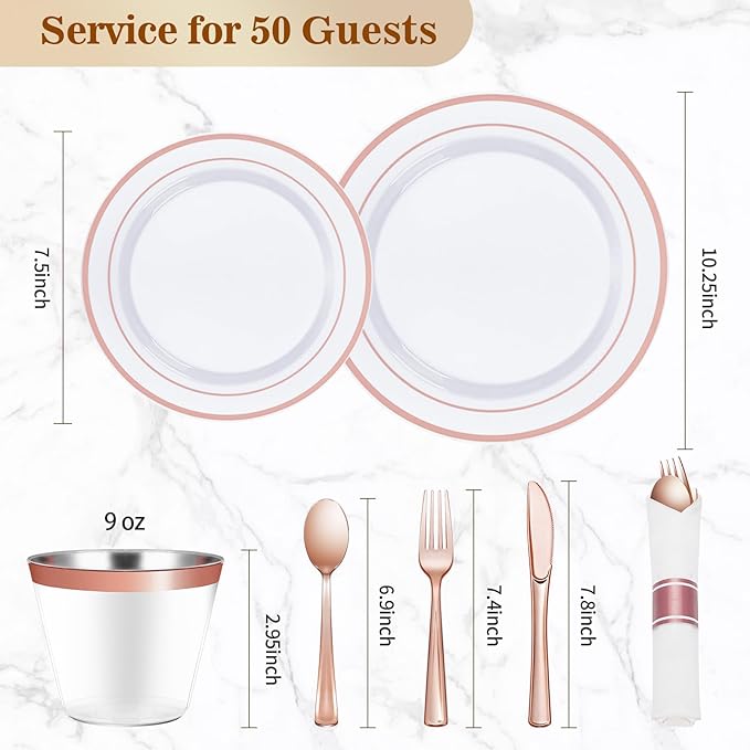 BESTVIP 350PCS Rose Gold Plastic Dinnerware Set, Disposable Party Plates for 50 Guests, Include: 100 Plastic Plates, 50 Pre Rolled Napkins with Rose Gold Silverware, 50 Cups for Christmas, Halloween