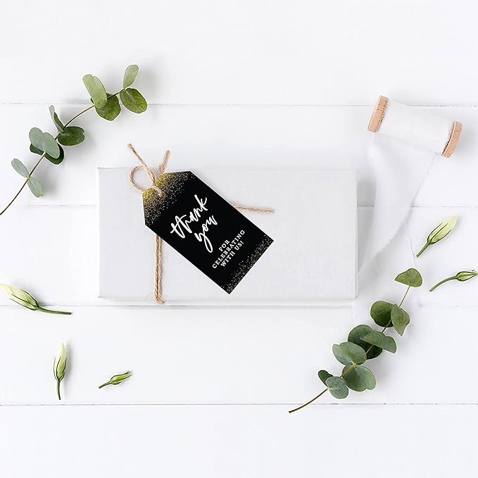 Andaz Press 100-Pack Thank You for Celebrating with Us Favor Tags Gold Glitter with Black Cardstock Gift Tags with Bakers Twine for Wedding Baby Shower Bridal Shower Party Favors 2 x 3.75-Inches