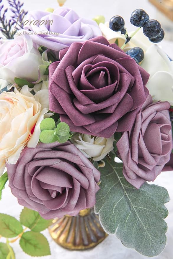 Floroom Artificial Flowers 25pcs Real Looking Rosy Brown Foam Fake Roses with Stems for DIY Wedding Bouquets Bridal Shower Centerpieces Floral Arrangements Party Tables Home Decorations