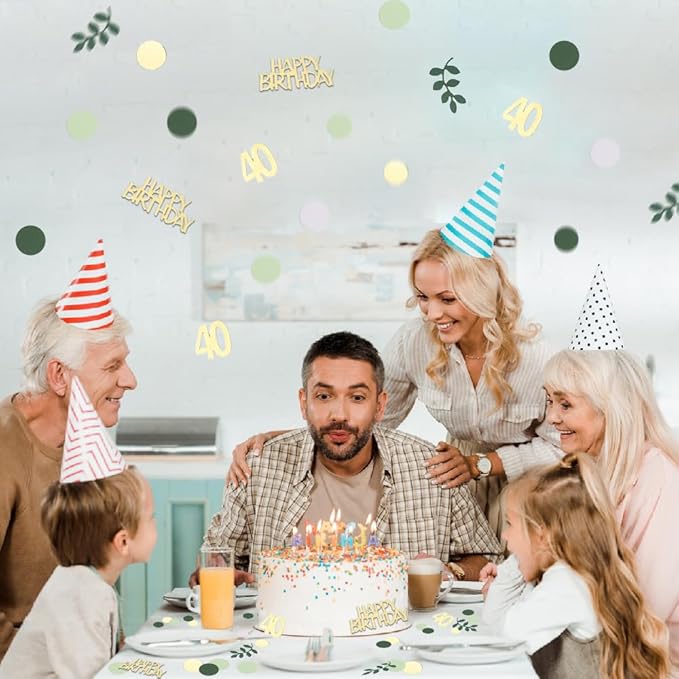 Sage Green 40th Happy Birthday Confetti, 40th Birthday Table Decorations Scatter Green Gold Foil Cake Confetti Decorations for 40 Bday Woman Man Party Decor 230 Pcs