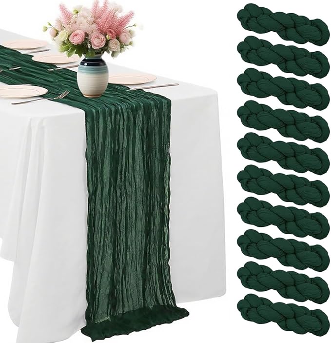 10 Pack Blackish Green Cheesecloth Table Runner -21*120Inch Long Boho Wedding Table Decor, Rustic Gauze Fabric Runner for Bridal Showers, Baby Showers & Parties (Sheer, Lightweight, Wrinkled Design)