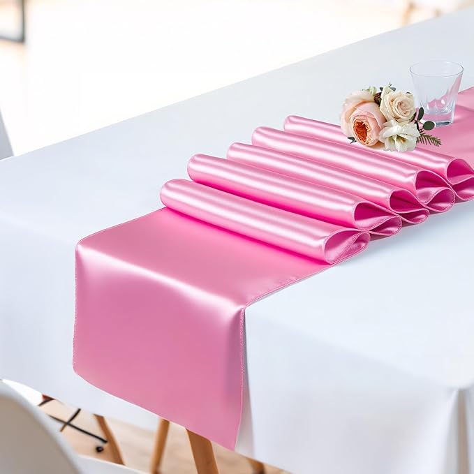 SHEJIZE 2 Pack Pink Satin Table Runner 12x108 Inches Long, Bright Silky Smooth Satin Table Runner Table Decor for Wedding Banquet Christmas Prom Event Birthday Party
