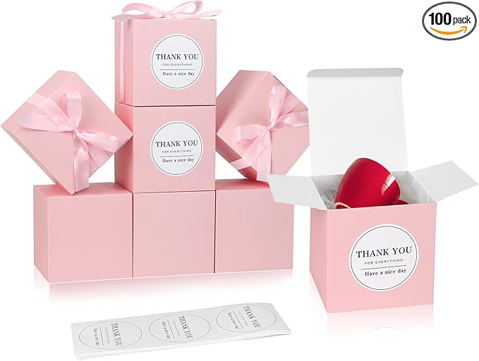 COTOPHER Small Gift Boxes 100 Pack 4x4x4 inches Pink Gift Boxes with Lids for Gifts, Crafting, Wedding Party Favor, Cupcake Boxes, Candy, Bridesmaids Proposal Box with Ribbons and Stickers (Pink, 100