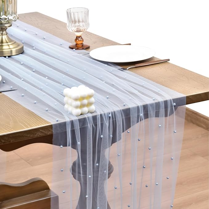 Joanlody Fall Pearl Table Runner 10ft Rustic Boho Tulle Table Runner with Pearls for Baby Shower Wedding Party Veil Dessert Thanksgiving Table Decor Blue