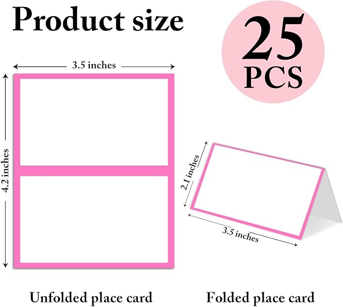 25 Pack Pink Border Place Cards, Editable Name Cards for Table Setting, Tent Cards Food Label for Dinner Party, Bridal Shower, Wedding, Baby Shower and Events -T10