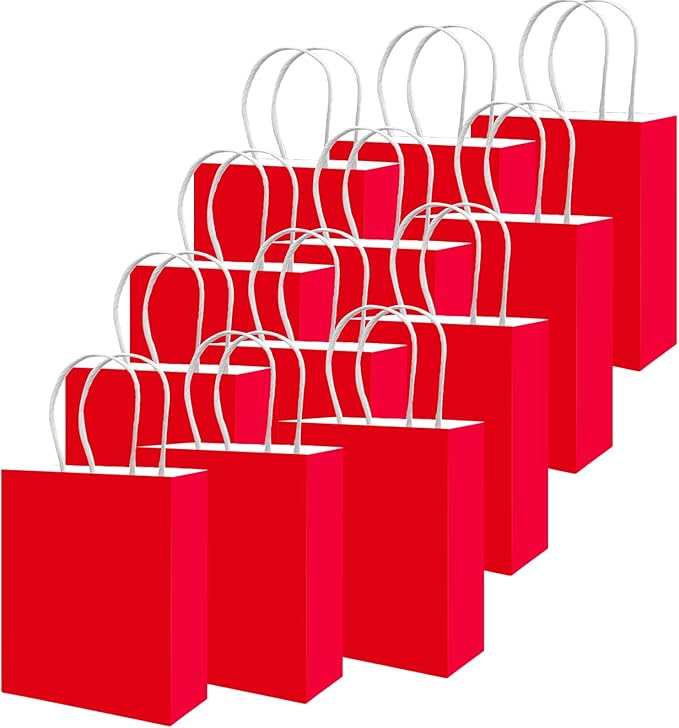 qiqee 50-Packs Gift Bag with Handles Bulk Red Paper Bags Multiple Uses (8.3"x3"x6" Small Size)