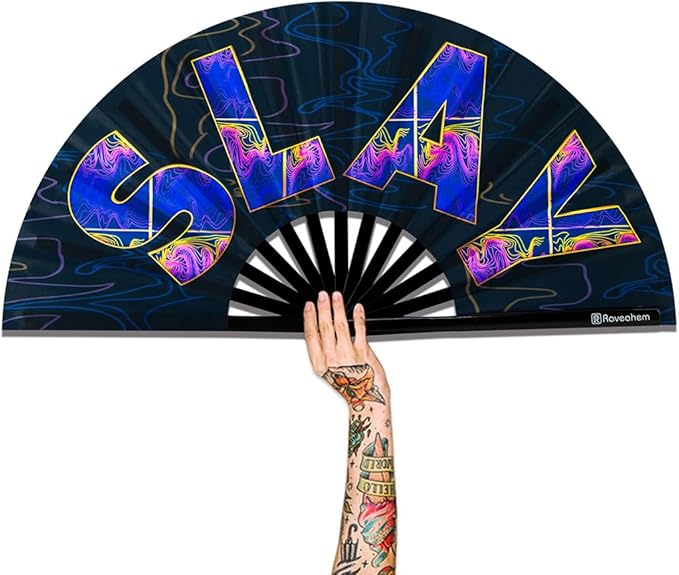UV Glow Rave Fan, Bamboo Folding Clack Hand Fans Foldable for Men Women, Boots on the Ground Poping Fan for EDM Festival Line Dance Decoration, (Slay, Large 13")