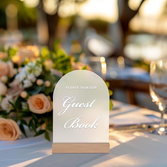 Wedding Guest Book Sign for Ceremony and Reception, Acrylic Wedding Signs with Wood Stand, 5x7" Frosted Arch Please Sign Our Guestbook sign, Perfect for Rustic Wedding Decoration, Party, Anniversary