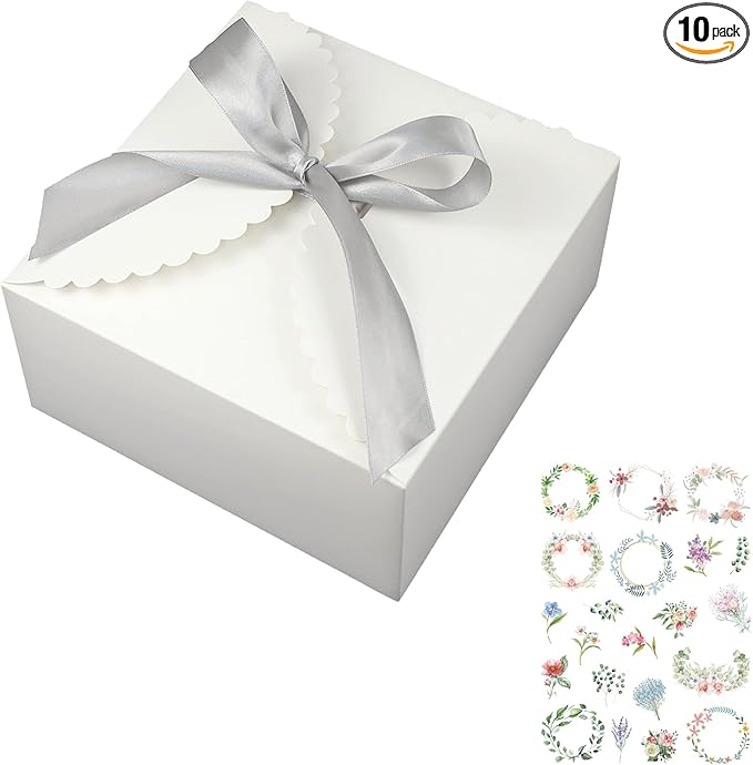 WEWILUCK Large White Gift Box, 10 Pack Decorative Gift Boxes with Ribbons for Presents Bulk(8x8x4 Inches)