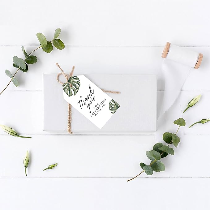 Andaz Press 100-Pack Thank You for Celebrating with Us Favor Tags Tropical Monstera Leaves Cardstock Gift Tags with Bakers Twine for Wedding Baby Shower Bridal Shower Party Favors 2 x 3.75-Inches