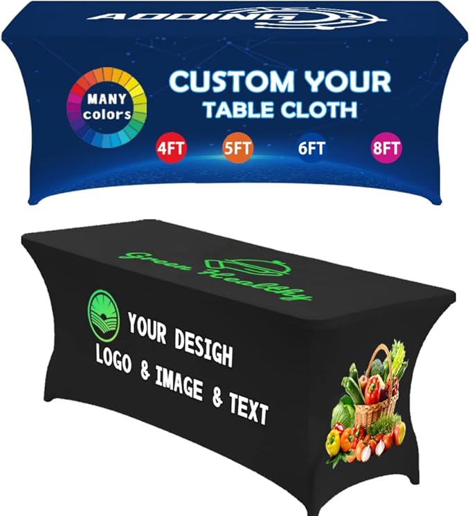 Custom Table Cloth with Business Logo 4FT 5FT 6 FT 8 FT Spandex Customized Table Cover Stretch for Tradeshow Events Birthday Wedding Anniversary Mantel Personalized Table Cloth (4FT)