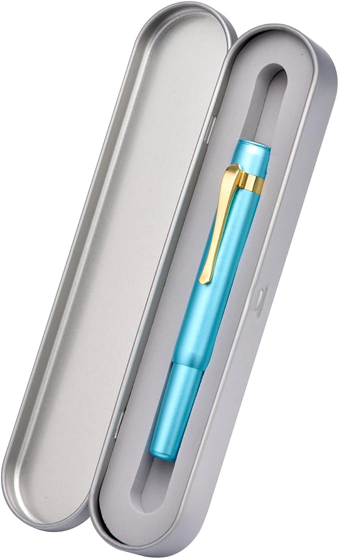 HONG DIAN M2 Black Forest Mini Fountain Pen, Bent Nib & Sleek Shape Aluminium Short Pocket Travel Pen (Lake Blue)