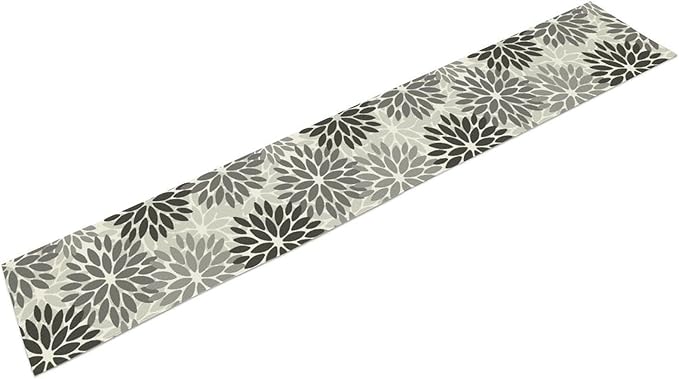 Gray Dahlia Flower Table Runner, Vintage Modern Linen Geometric Pattern Floral Table Runner Spring for Farmhouse Kitchen Dining Party Holiday Party, 13x36 Inch