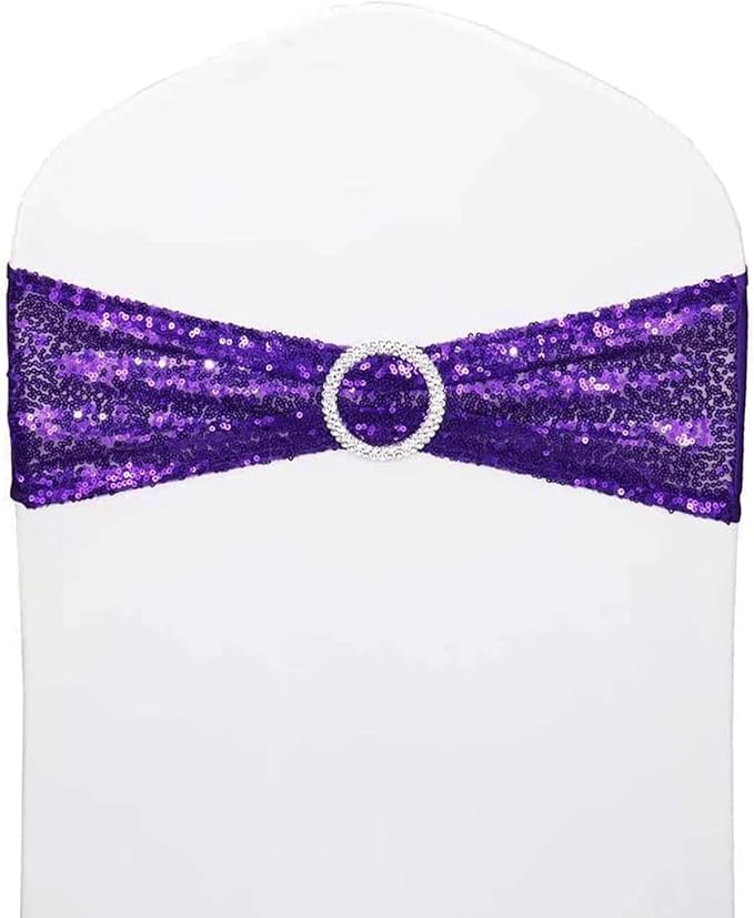 25 Pcs Chair Sashes Sequin Stretch Chair Bands Spandex Polyester Bows for Party Hotel Wedding Banquets Decoration - Purple