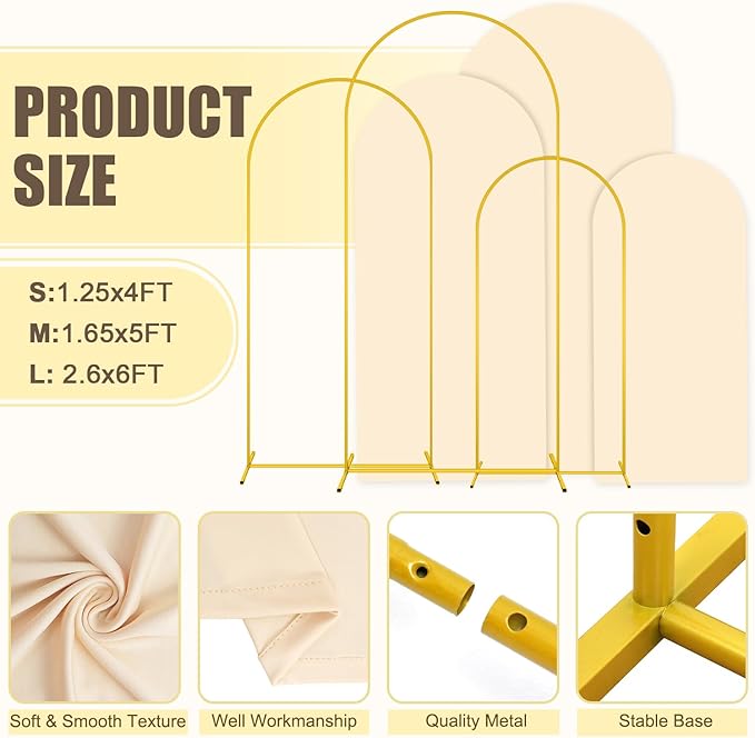 MODFUNS Metal Arch Backdrop Stand and Cover Set 4&5&6ft Beige Wedding Arch Covers Gold Arched Cover Set of 3 Chiara Arches Backdrop Cover for Wedding Ceremony Party Banquet Decoration